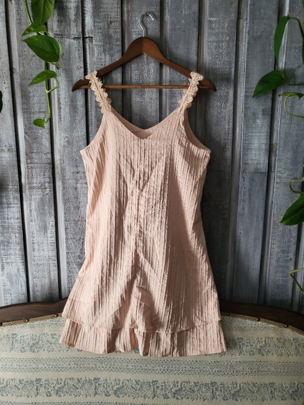 Pink Pleated Tiered Mini Dress Lace Strap Sundress S
